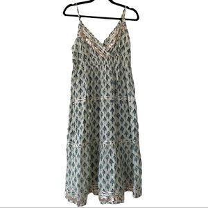Anthropologie Raga Gold Metallic Trim Tiered Cotton Midi Dress Size Small
